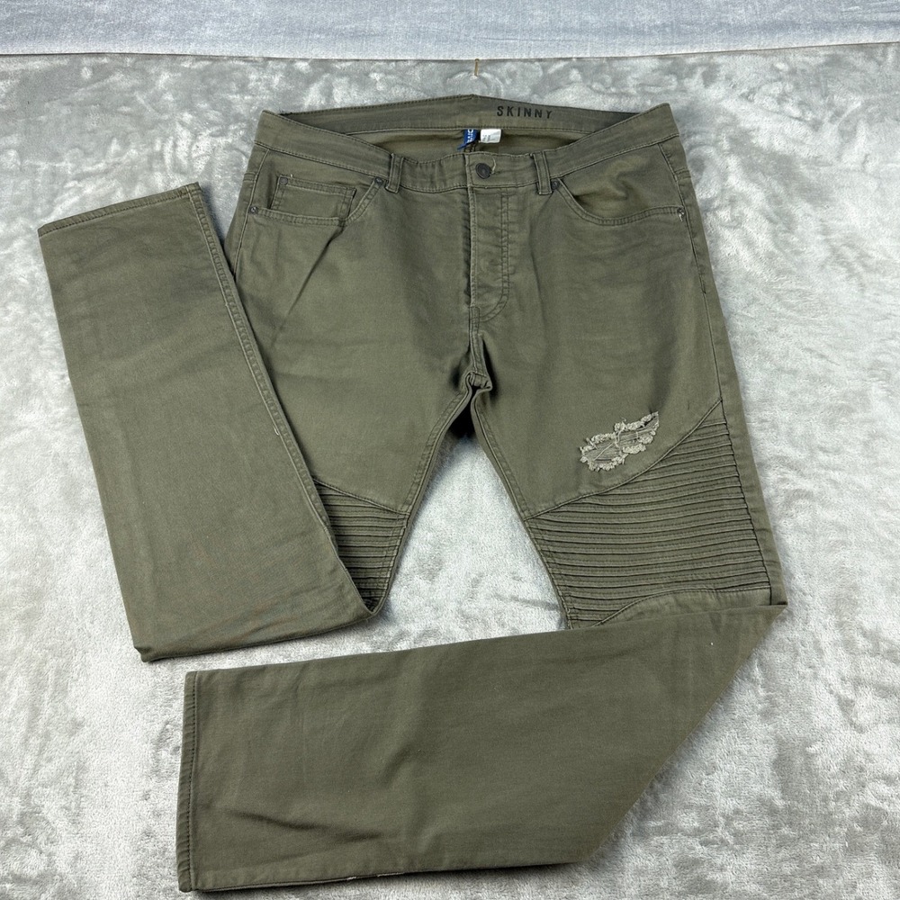 H&M Divided Pants Mens 36 Skinny Moto Olive Green Distressed EUC